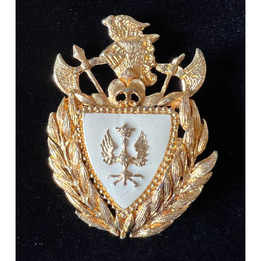 VTG Large Statement Brooch Coat of Arms Knight Helment Battle Axe Gold Enamel